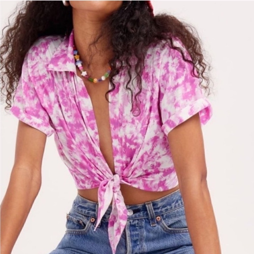 For Love and Lemons Pink Tie Dye‎ Front Tie Top Shirt Women's